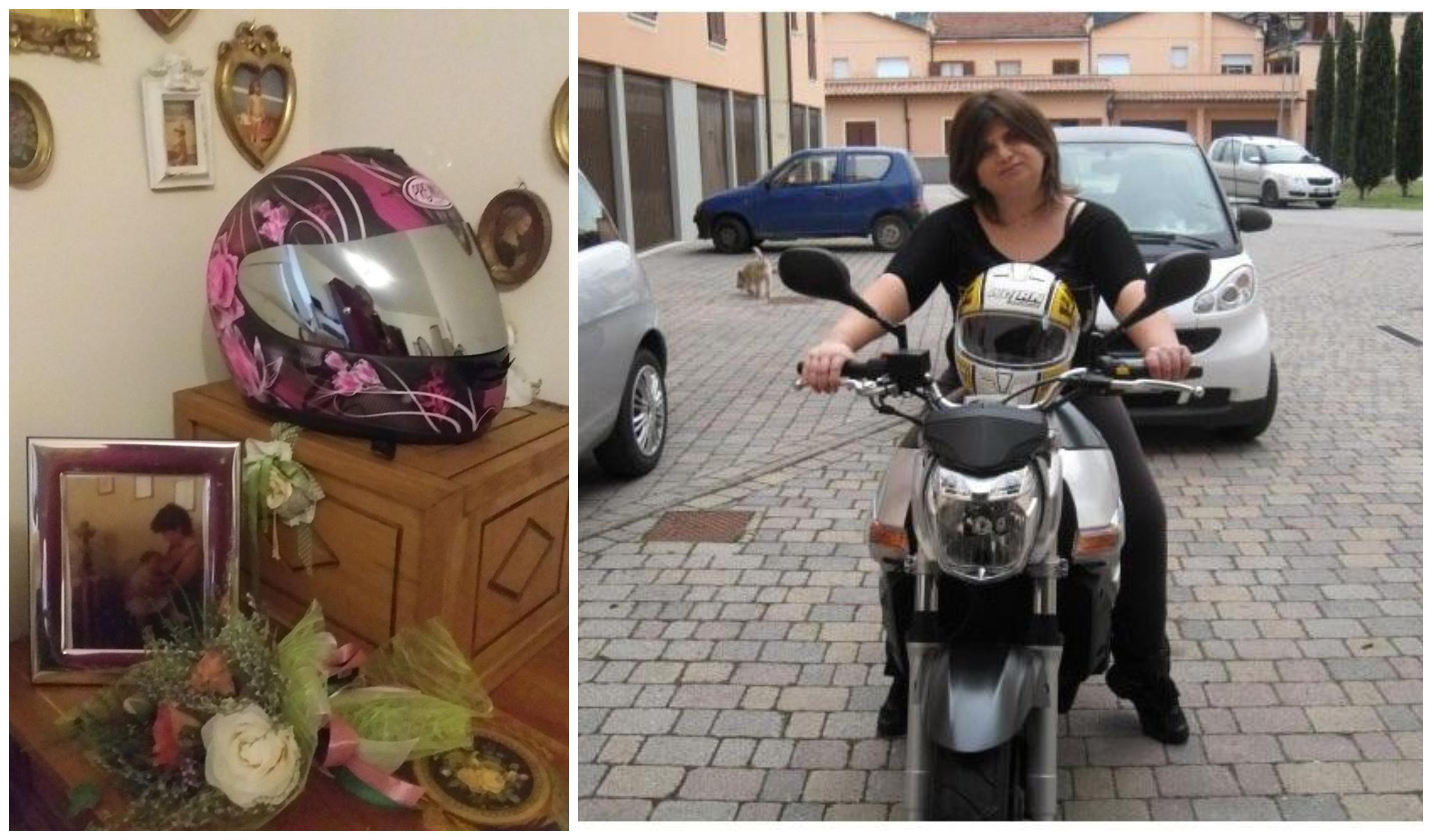 Il casco donato da Luca Madeo e a destra una bella immagine di Irene Paumgardhen sulla sua moto