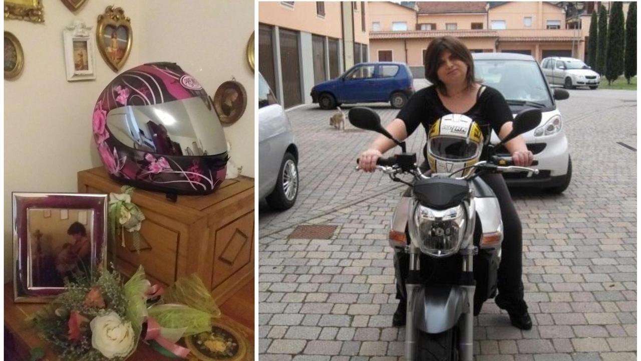 Il casco donato da Luca Madeo e a destra una bella immagine di Irene Paumgardhen sulla sua moto