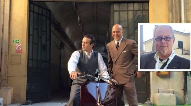 Una scena del film su Enrico Piaggio e, nel riquadro, il giornalista del Tirreno Paolo Falconi