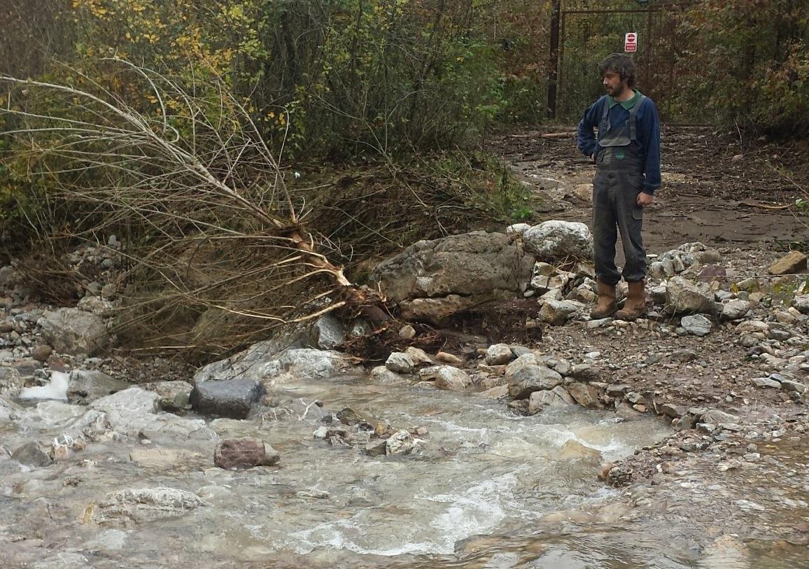 Marco Mereghetti, titolare dell'azienda agricola Il Ghiacciale di Semproniano, osserva sconfortato un torrente che si è formato per la piena e blocca la strada di accesso all'azienda