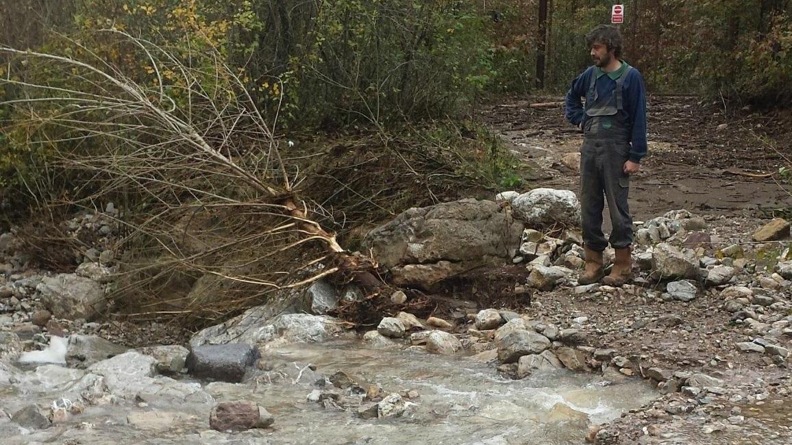 Marco Mereghetti, titolare dell'azienda agricola Il Ghiacciale di Semproniano, osserva sconfortato un torrente che si è formato per la piena e blocca la strada di accesso all'azienda