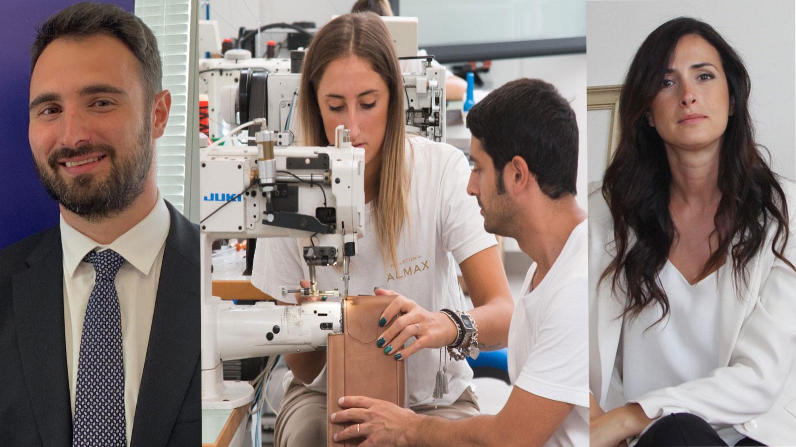 Andrea Fratoni, presidente Confindustria giovani di Grosseto, un laboratorio di pelletteria e Eleonora Anselmi, presidente Confindustria giovani Toscana