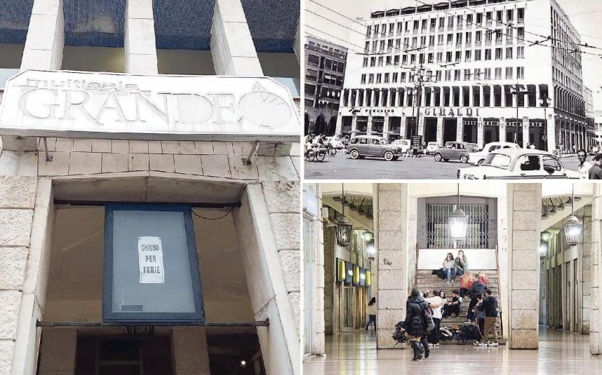 Nella foto grande l’insegna del cinema Grande. In alto a destra una foto del palazzo Grande negli anni Sessanta pubblicata su Livorno com’era. Sotto il palazzo oggi (Cecilia Foschi/Pentafoto)