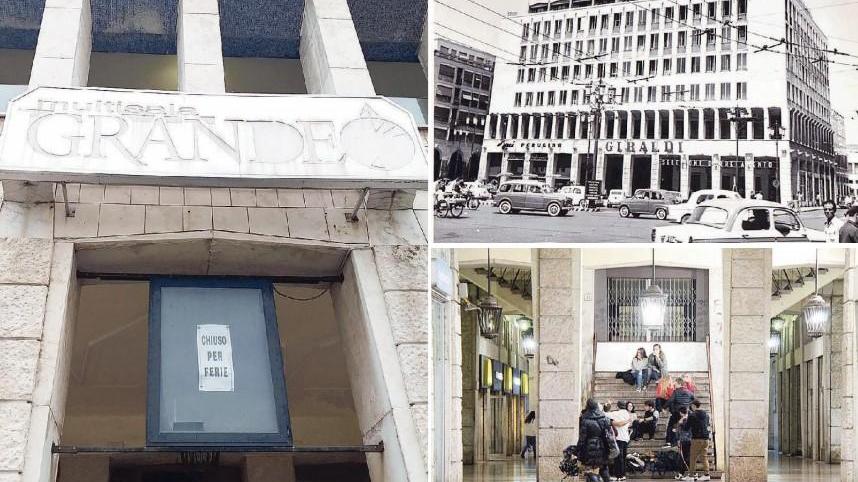 Nella foto grande l’insegna del cinema Grande. In alto a destra una foto del palazzo Grande negli anni Sessanta pubblicata su Livorno com’era. Sotto il palazzo oggi (Cecilia Foschi/Pentafoto)