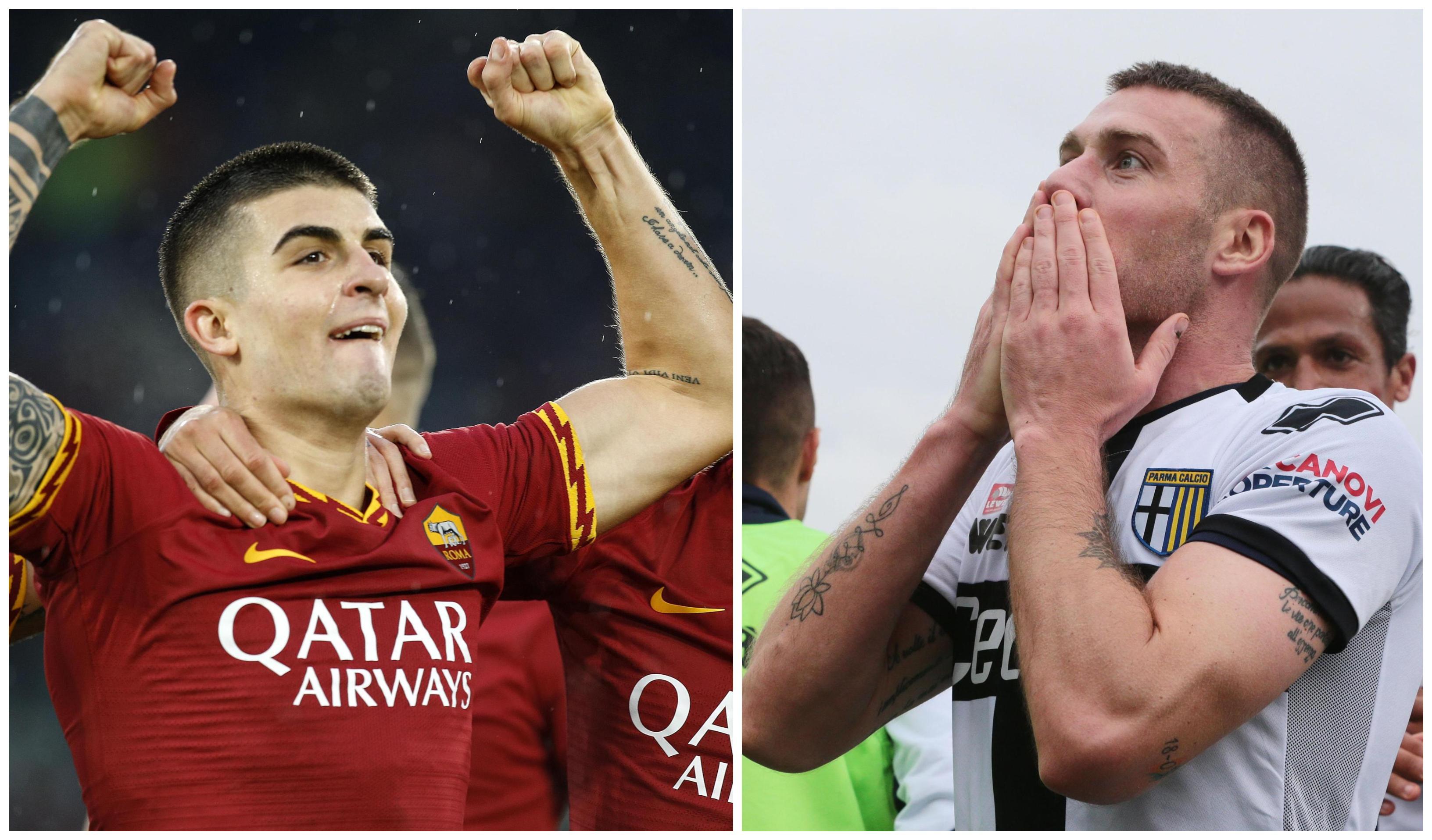 Da sinistra Gianluca Mancini e Simone Iacoponi dopo le rispettive reti segnate nell'ultimo turno di campionato