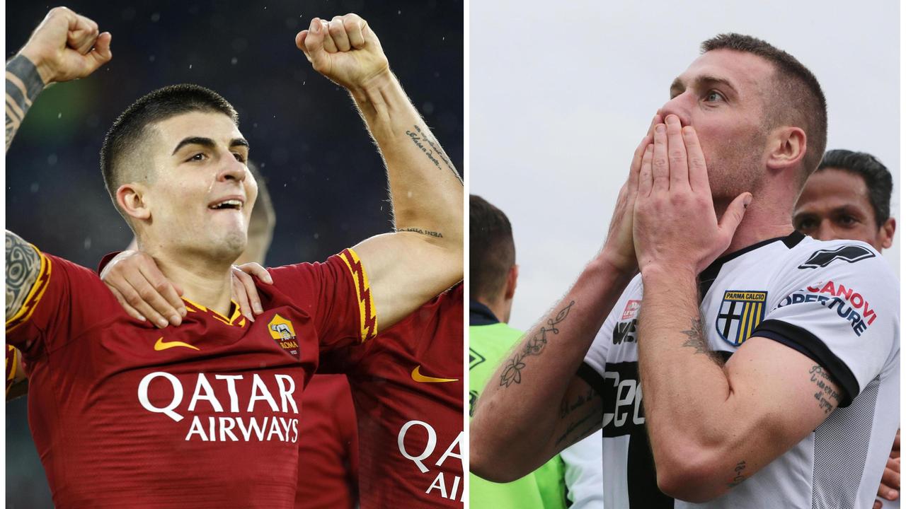 Da sinistra Gianluca Mancini e Simone Iacoponi dopo le rispettive reti segnate nell'ultimo turno di campionato