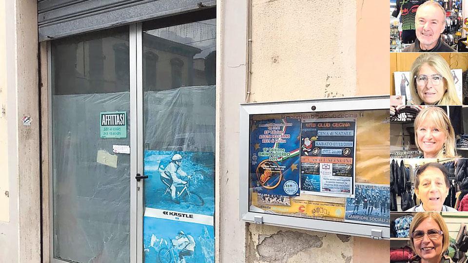 Un fondo sfitto in corso Matteotti e, dall'alto verso il basso, Maura Bonini, Emilio Cecchetti, Catia Grilli, Simonetta Padovani e Alessandro Martorana