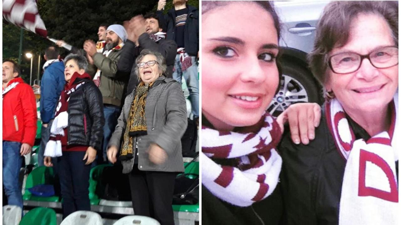 Da sinistra, Giuliana tra i tifosi allo stadio di Siena e con la nipote Giulia