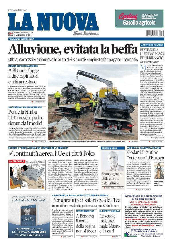 La Nuova Sardegna - Prima Pagina - 28 novembre 2019