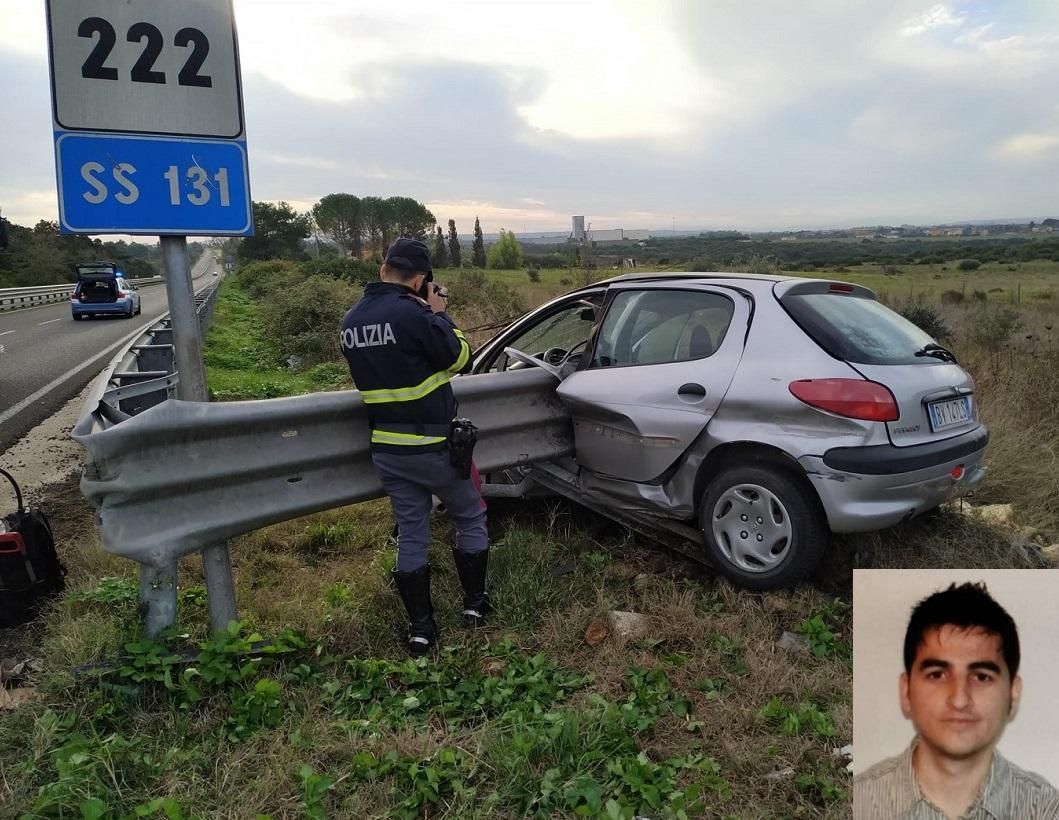 L'auto fuori strada e, nel riquadro, la vittima Renato Piga