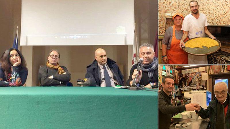 Stefania D’Echabur, Roberto Tani, Rocco Garufo e Massimo Andorlini durante la presentazione del docu-film al Cisternino di Città. L’iniziativa del Ccn di piazza XX ha coinvolto numerose attività commerciali che hanno fatto la storia di Livorno: tra queste - come si vede nelle due foto più piccole - Gagarin, notissimo per la torta, e il Bar Civili dove si consuma il tipico ponce alla livornese
