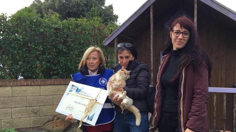 Da sinistra la vicepresidente Enpa Laura Sicari mentre consegna la targa con Alida Bernadini che tiene in braccio Micia e Silvia Aita