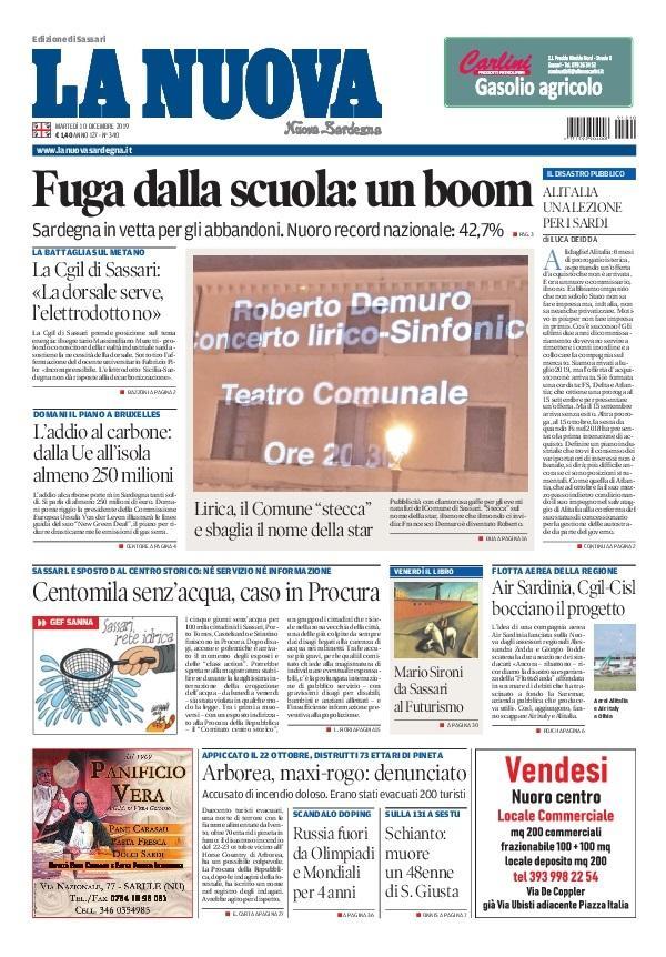 La Nuova Sardegna - Prima Pagina - 10 dicembre 2019