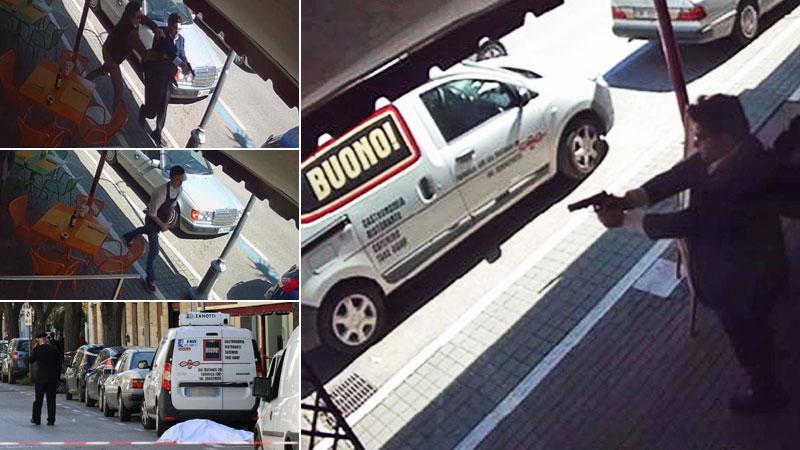 Raffaele Papa mentre spara; in alto a destra mentre viene trattenuto dal padre Antonio; l’inserviente Lazoyar mentre si allontana con la pistola nascosta; la scena del delitto