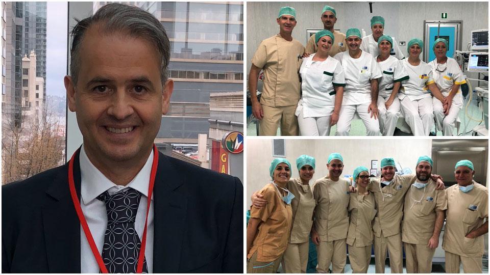 Giancarlo Basili, responsabile dell’attività chirurgica della società italiana unitaria di endocrinochirurgia (Siuec). In alto lo staff di Pontedera, sotto lo staff di Livorno