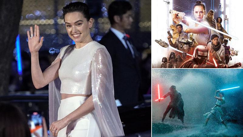 Daisy Ridley, 27 anni, protagonista de “L’ascesa di Skywalker” nono episodio di Star Wars, una scena del film e una locandina