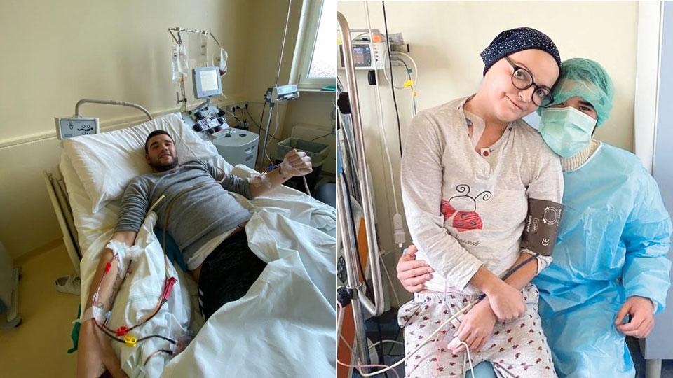 Jordan Nicolai durante le visite a cui si è sottoposto per il trapianto di midollo e poi con la sorella Denise in ospedale