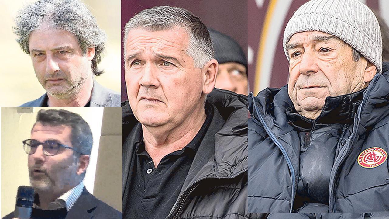 In alto Paolo Palermo, sotto il ds Vittorio Cozzella, a destra Giovanni Benedetti insieme a Aldo Spinelli al Picchi