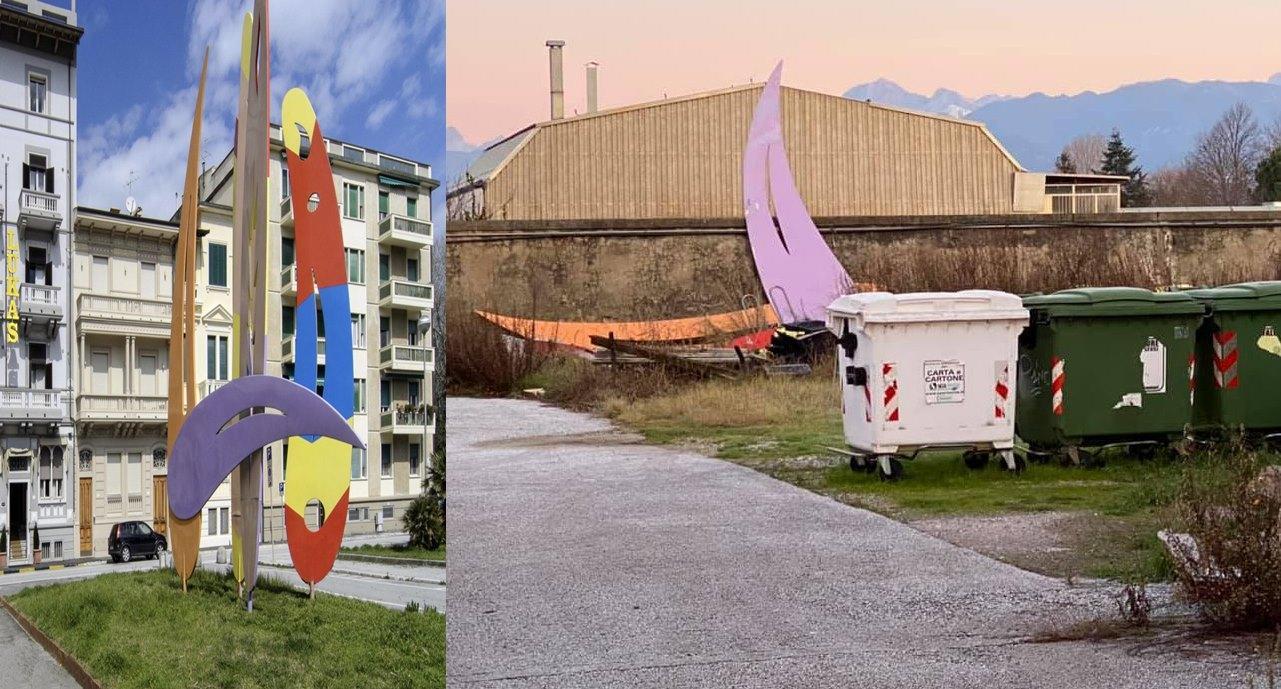 L'opera di Turcato in piazza Puccini e (a destra) smontata e abbandonata tra i rifiuti nel deposito comunale