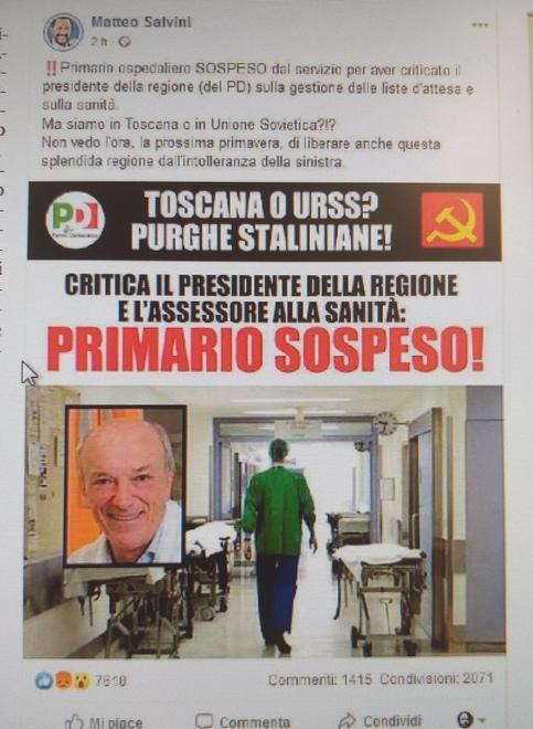 Il post di Salvini sul caso del primario sospeso