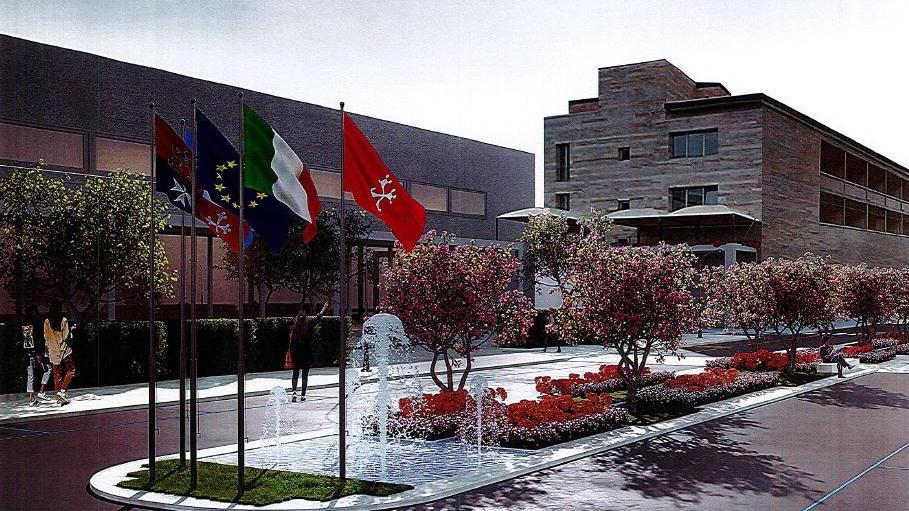 La simulazione grafica di come diventerà la parte di piazza Belvedere a Tirrenia più vicina alla terrazza con una grande area centrale a verde togliendo venti posti auto, inaugurazione a maggio