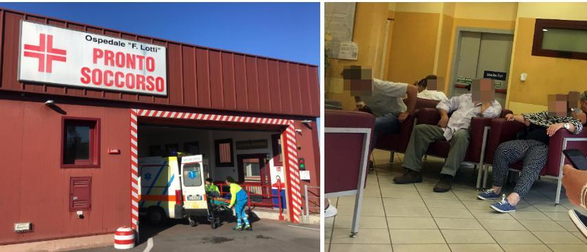 L’ingresso del pronto soccorso dell’ospedale Lotti di Pontedera e a destra la sala d’attesa