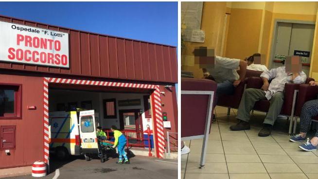 L’ingresso del pronto soccorso dell’ospedale Lotti di Pontedera e a destra la sala d’attesa