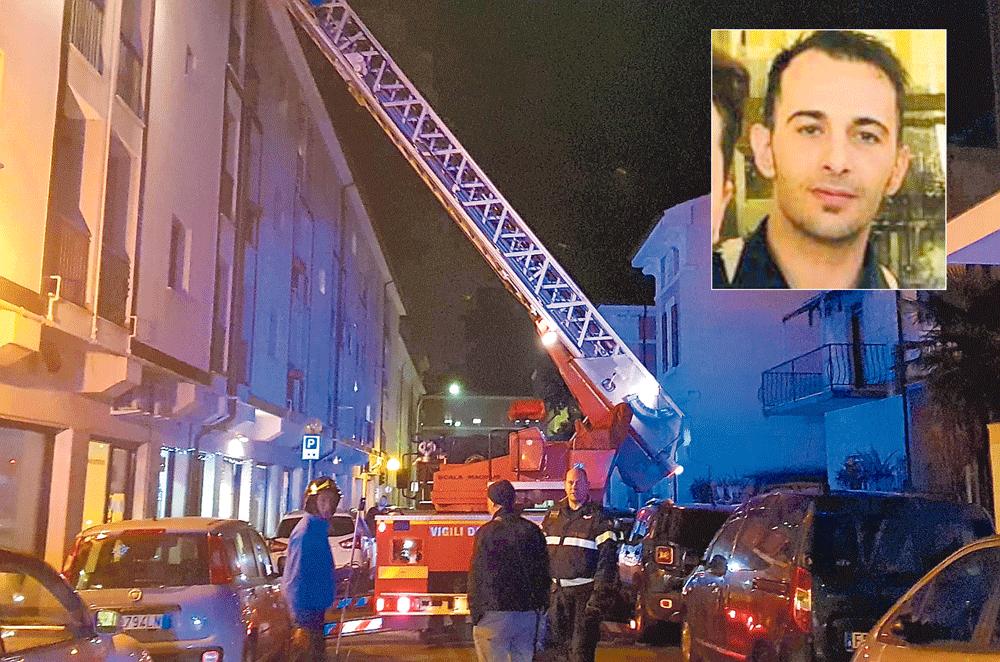 L'autoscala dei vigili del fuoco in via Damiano Chiesa per salire fino al terzo piano. Nel riquadro Emanuele Tullo