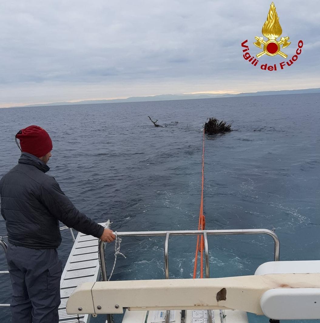 Tronco di 15 metri in mare rimosso dai vigili del fuoco 