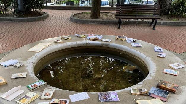 I libri sistemati sul bordo della fontana che si trova nel parco vicino alla scuola primaria