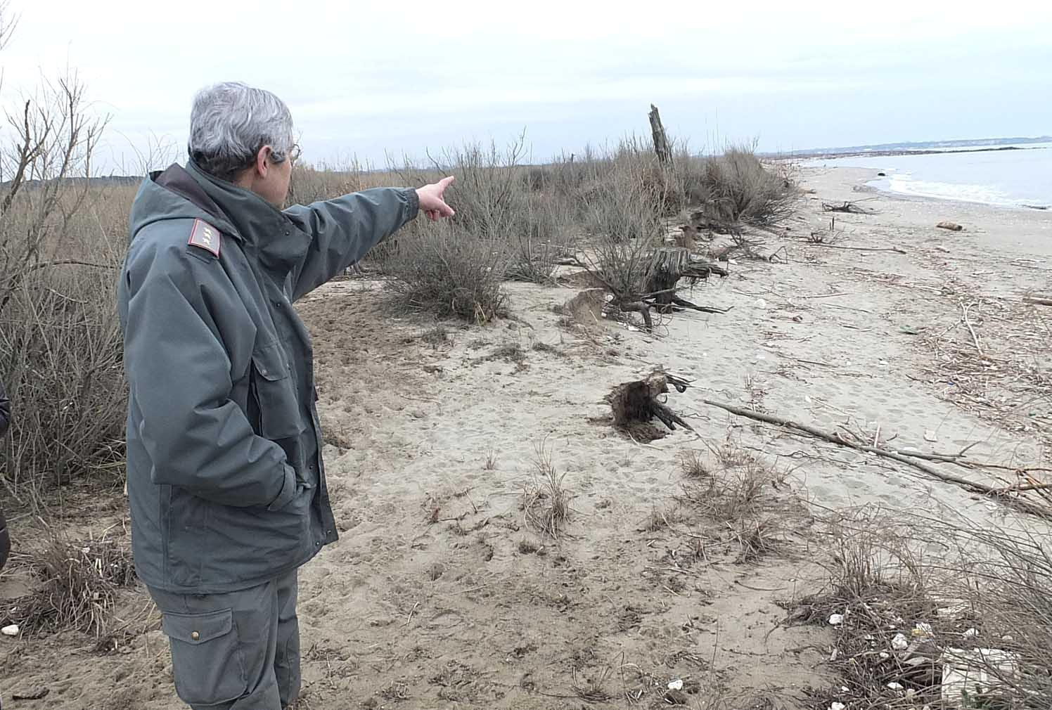 Il guardia parco Maurizio Guerrini mentre indica uno dei tratti più colpiti dal fenomeno dell’erosione durante la passeggiata con la giornalista Sabrina Chiellini e il fotografo del Tirreno, Fabio Muzzi