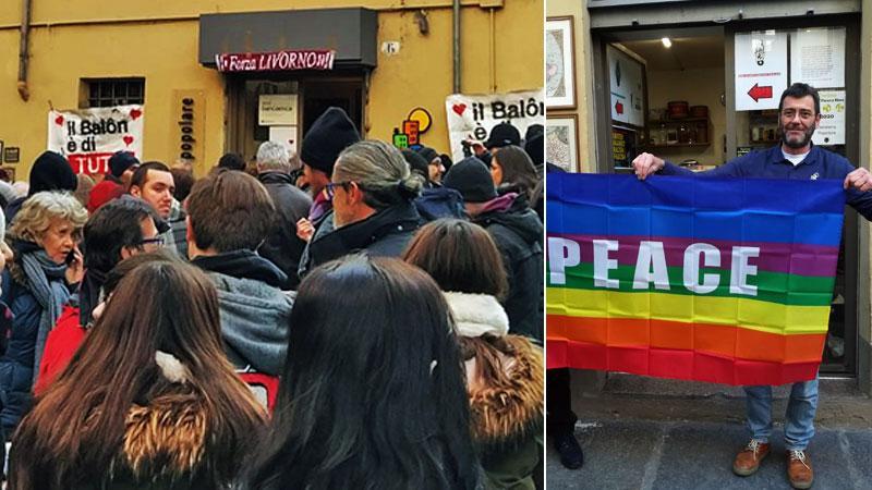 L’onda di persone davanti alla gelateria di Maurizio De Vecchi, a Torino, su cui ha affisso la sciarpa amaranto. Maurizio De Vecchi, livornese trapiantato a Torino