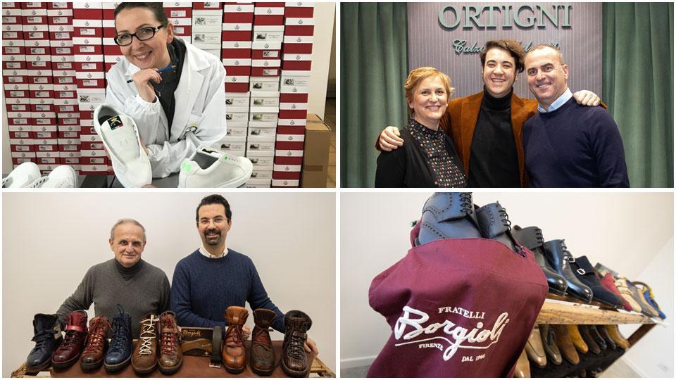 Da sinistra Silvia Pozarowsca con le sue sneaker e Barbara , Andrea e Fabio Ortigni. Urbano Borgioli e Giacomo Fioravanti e le scarpe Borgioli a Pitti Uomo