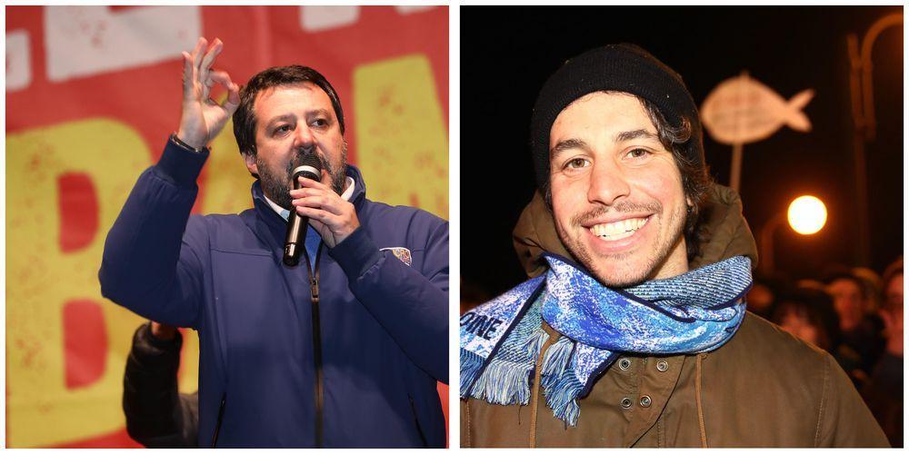 Matteo Salvini (Lega) e Mattia Santori (Sardine) a Bibbiano