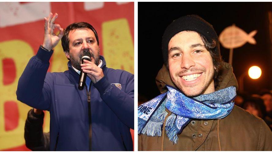 Matteo Salvini (Lega) e Mattia Santori (Sardine) a Bibbiano