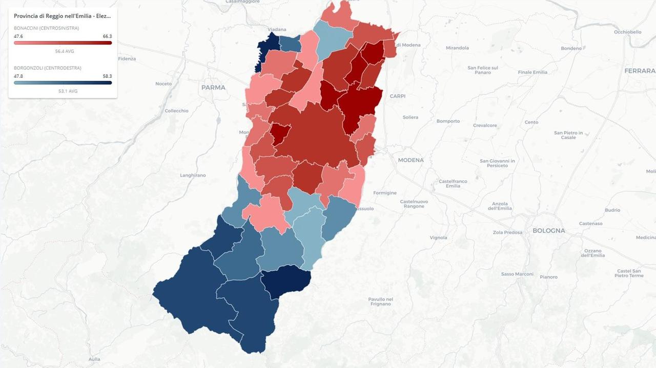 MAPPE / Elezioni regionali, Reggio Emilia e la Bassa sono del Pd. La montagna è il feudo della Lega