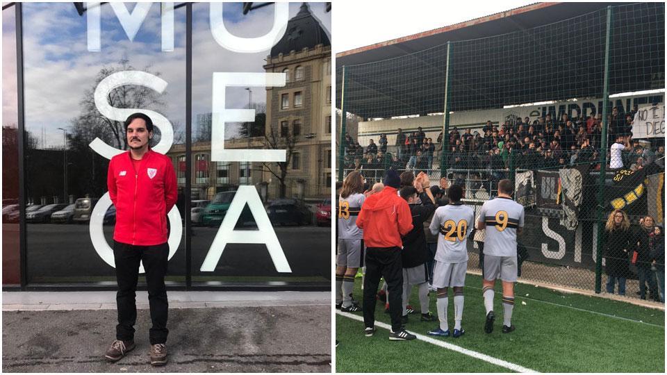 Pablo Miralles davanti allo stadio di Bilbao, dove lavora e i giocatori del Cs Lebowski con i loro splendidi tifosi
