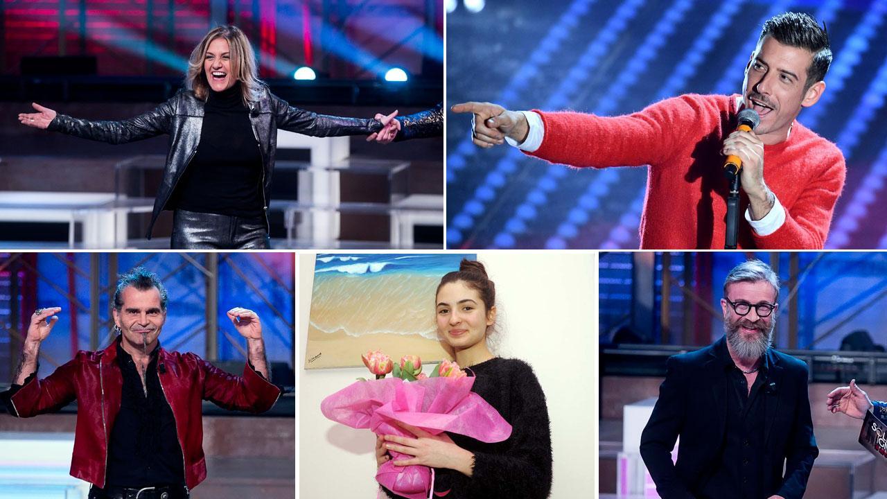 Dall'alto a sinistra: Irene Grandi, Francesco Gabbani, Piero Pelù, Tecla Insolia e Marco Masini