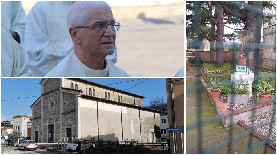 Don Giglio Maria Gilioli, capo della ex associazione “Discepoli dell’Annunciazione” e la chiesa di Aulla a fianco dell’ex convento dove vivono oggi i sacerdoti dell’ex associazione dei Discepoli