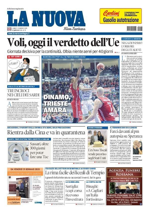 La Nuova Sardegna - Prima Pagina - 3 febbraio 2020 