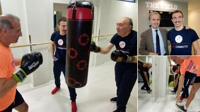 L’ortopedico Bertoni con l’allenatore Andrea; nelle altre due foto gli allenamenti di boxe anti-parkinson