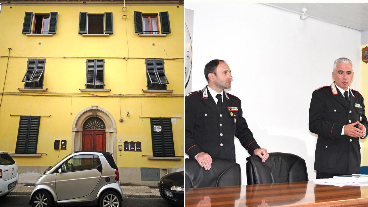 In via Dalmazia il palazzo dei coniugi quarratini in cui si trova l’appartamento confiscato e, a fianco, il luogotenente Salvatore Maricchiolo mentre illustra l’operazione (foto Gori)