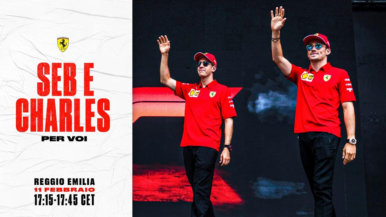 Ferrari 2020: Vettel e Leclerc in piazza a Reggio Emilia. Poi il maxi schermo con lo show al Valli