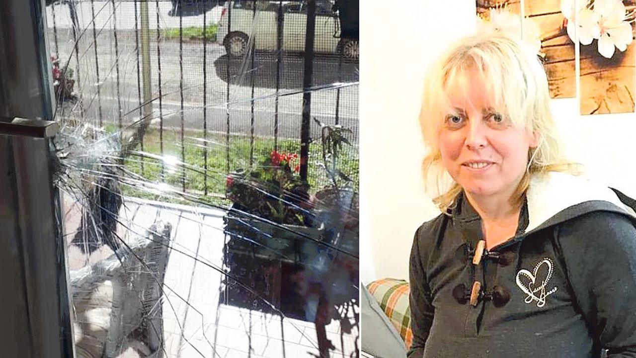 Il vetro rotto e, a destra, l'inquilina della casa popolare in cui è stato tentato il colpo
