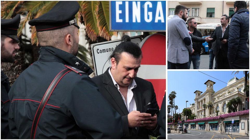 Andrea Magini, l’organizzatore del talent, a Sanremo con i carabinieri, con alcuni genitori dei giovani artisti e il Casinò
