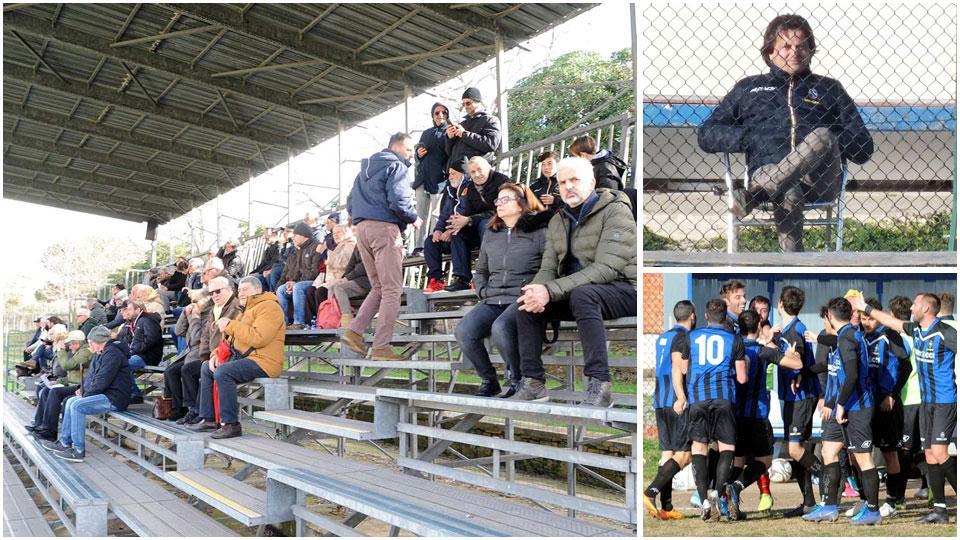 Sempre meno pubblico al Magona, seduto a bordo campo dietro le panchine il presidente Massimiliano Spagnesi e  i giocatori esultano dopo il primo gol