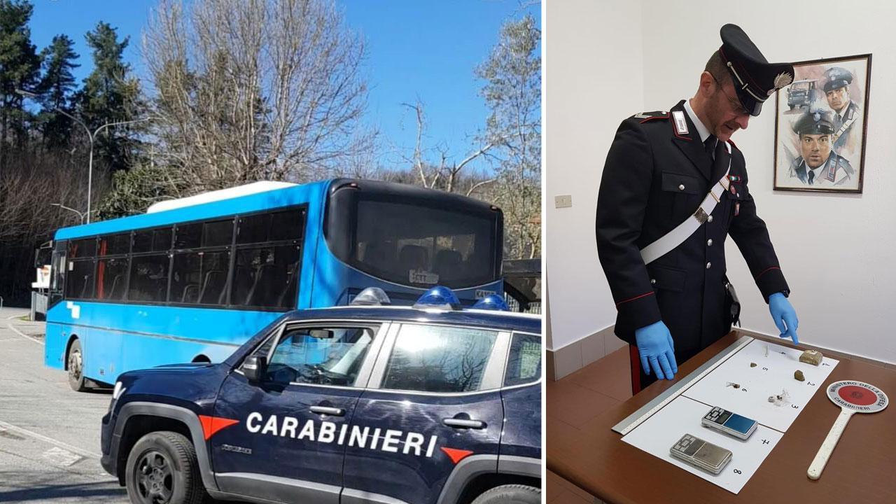 I carabinieri durante il controllo del bus pieno di hashish e marijuana ed una parte
del materiale sequestrato