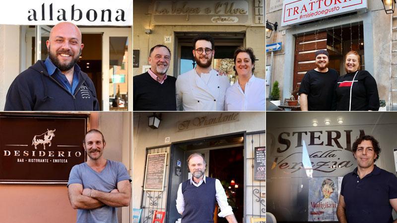 Jonathan Domenici, uno dei soci di “Allabona”, Antonio, Alberto e Monica Fidanzi “La volpe e l’uva”, Lucia e Ciro Valois, di “Mi siedo e gusto”, Enrico Catanzaro, dell’enoteca “Desiderio”, Mauro Morelli, Il Viandante, Franco Ciucci, titolare dell’Osteria della Venezia (Foto servizio Marzi)