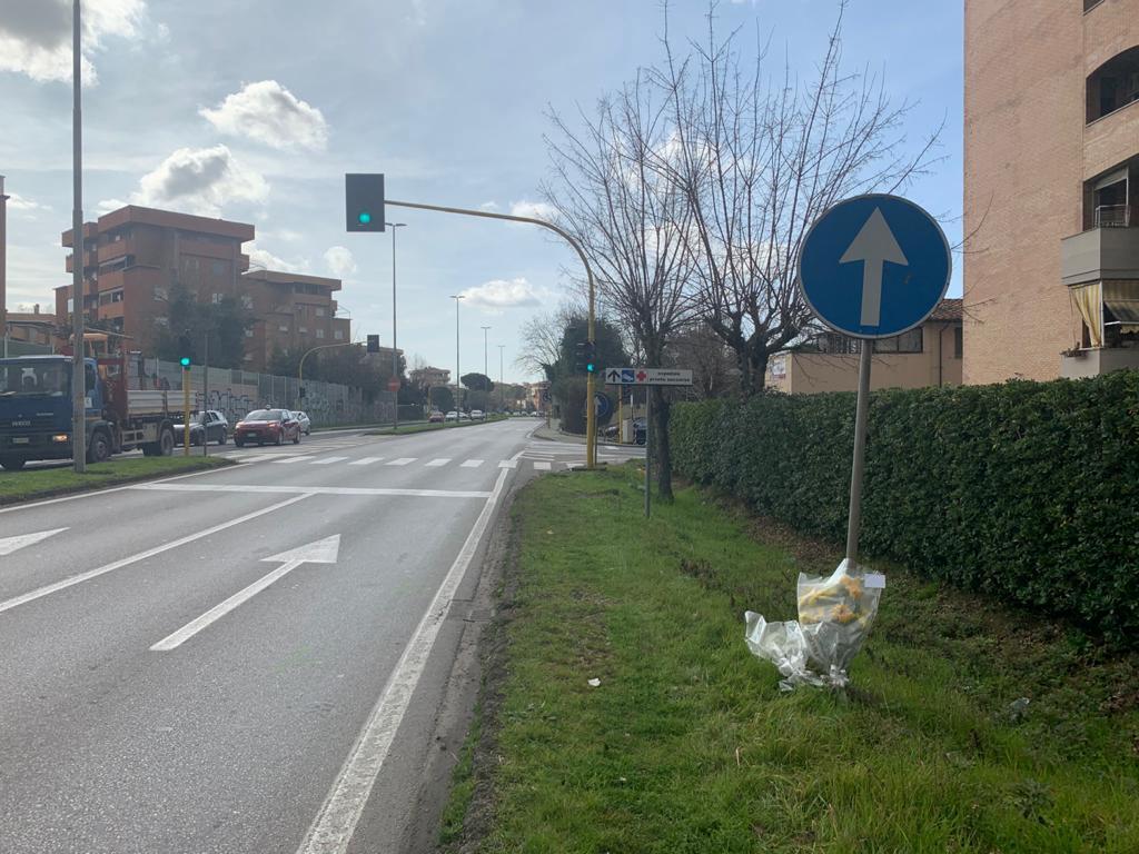 Il punto dell'incidente con un mazzo di fiori in ricordo del piccolo (foto Muzzi)