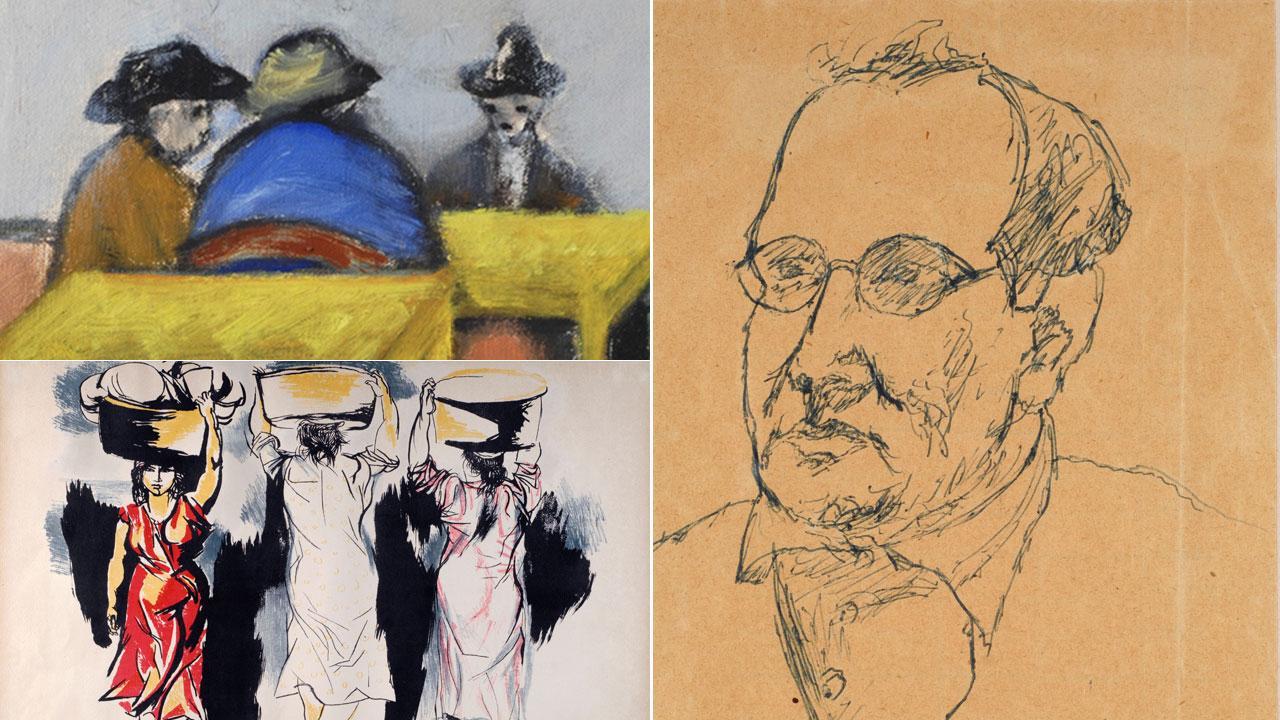 A sinistra dall'alto, un dipinto di Ottone Rosai e una litografia di Renato Guttuso, a destra un ritratto di Pratolini realizzato da Rosai